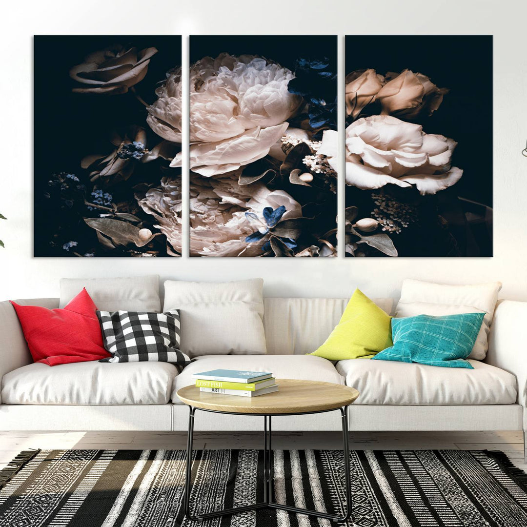 Pink Peonies Print Large Canvas Art Flowers Multi panel canvas Dark Floral Decor