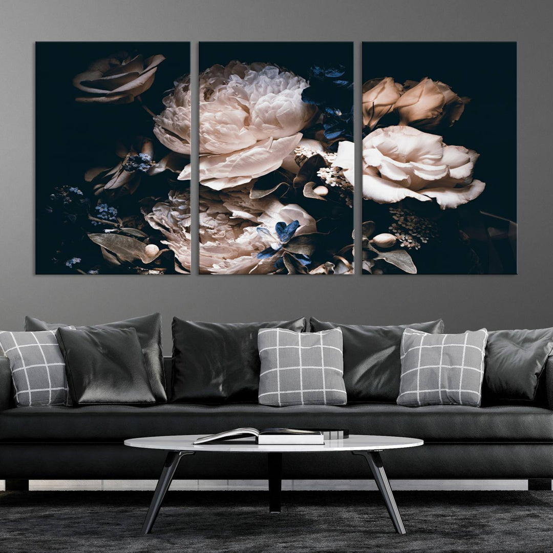 Pink Peonies Print Large Canvas Art Flowers Multi panel canvas Dark Floral Decor