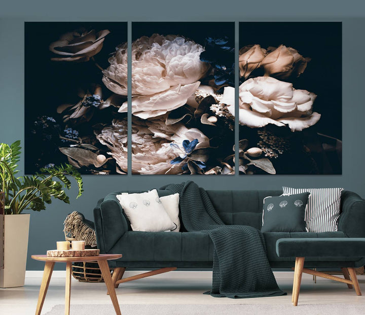 Pink Peonies Print Large Canvas Art Flowers Multi panel canvas Dark Floral Decor