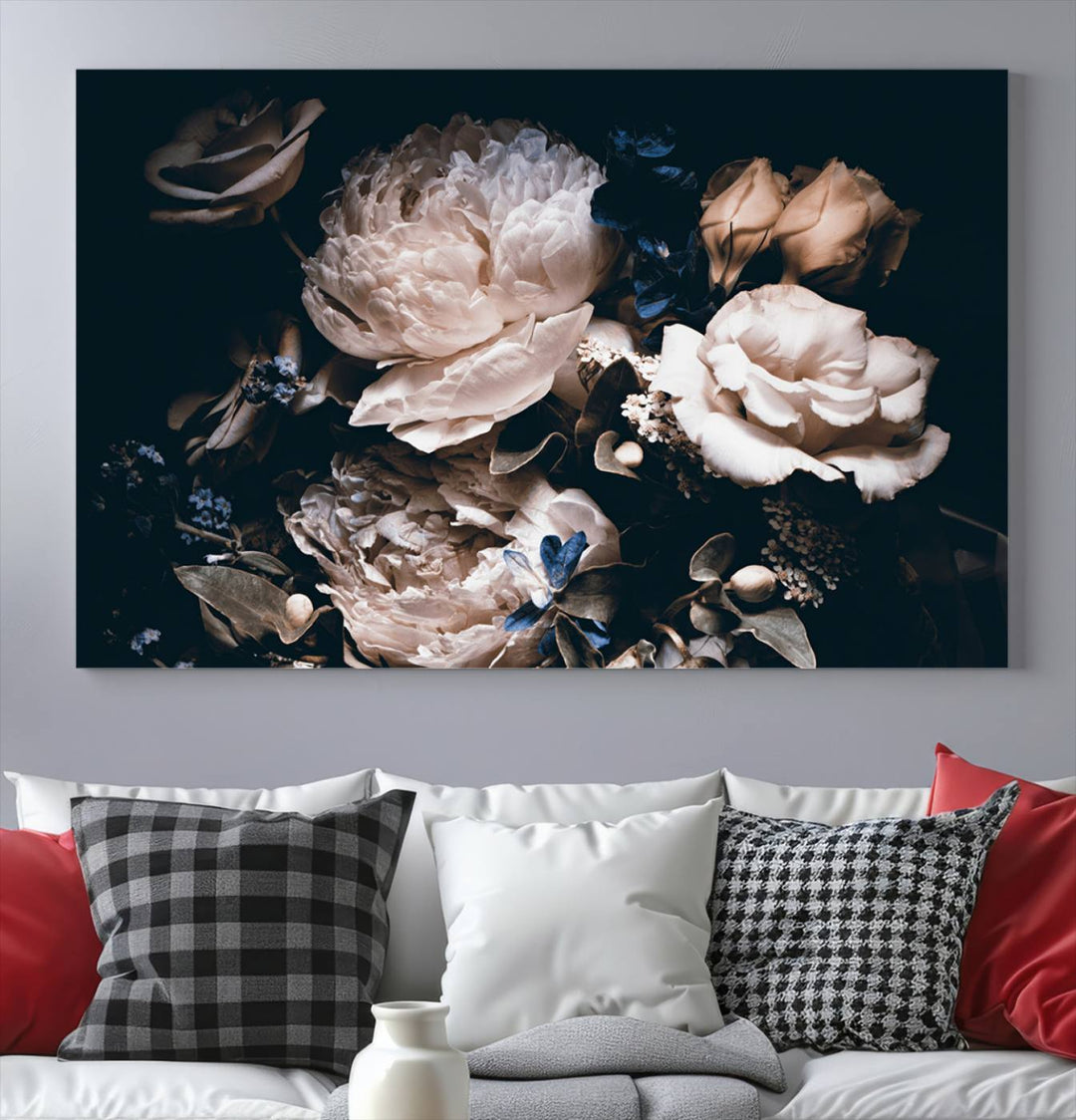 Pink Peonies Print Large Canvas Art Flowers Multi panel canvas Dark Floral Decor