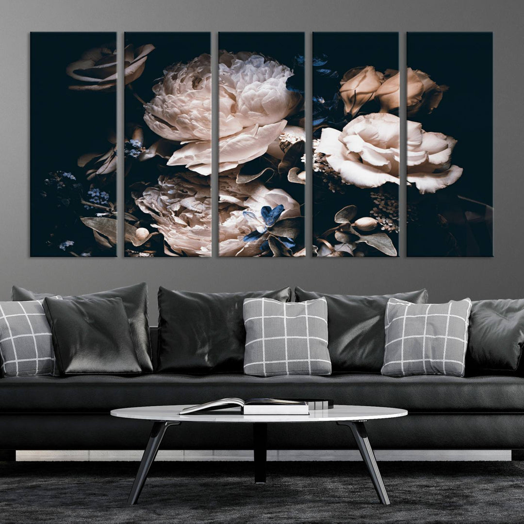 Pink Peonies Print Large Canvas Art Flowers Multi panel canvas Dark Floral Decor