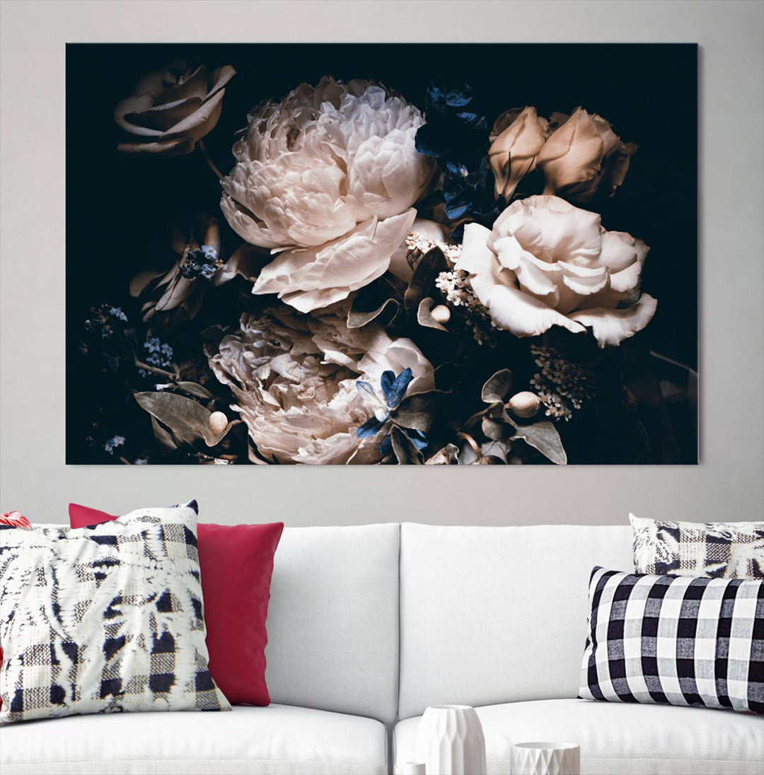 Pink Peonies Print Large Canvas Art Flowers Multi panel canvas Dark Floral Decor