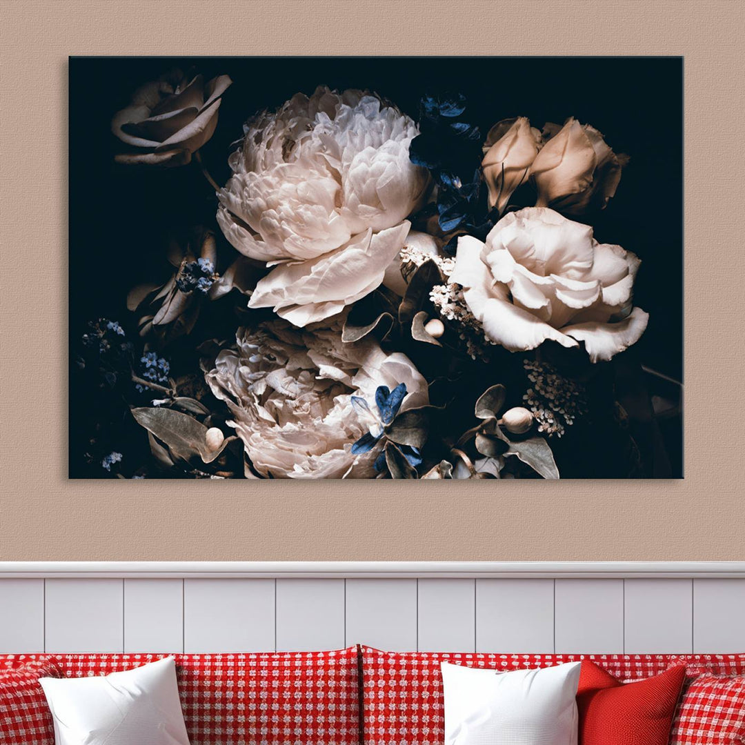 Pink Peonies Print Large Canvas Art Flowers Multi panel canvas Dark Floral Decor