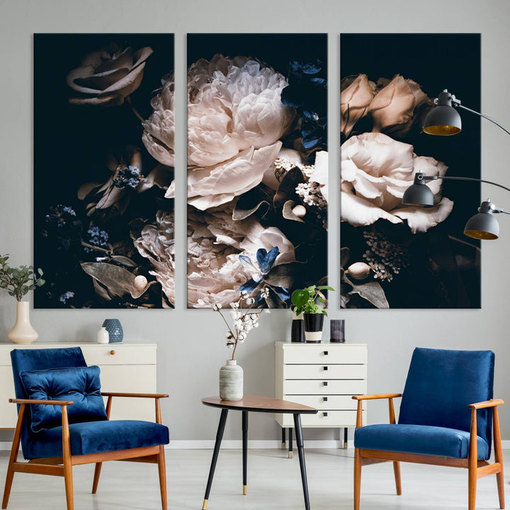 Pink Peonies Print Large Canvas Art Flowers Multi panel canvas Dark Floral Decor