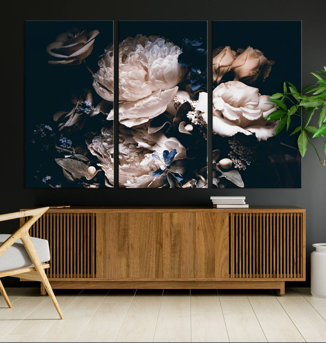 Pink Peonies Print Large Canvas Art Flowers Multi panel canvas Dark Floral Decor