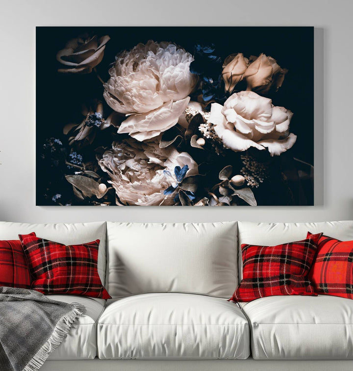 Pink Peonies Print Large Canvas Art Flowers Multi panel canvas Dark Floral Decor