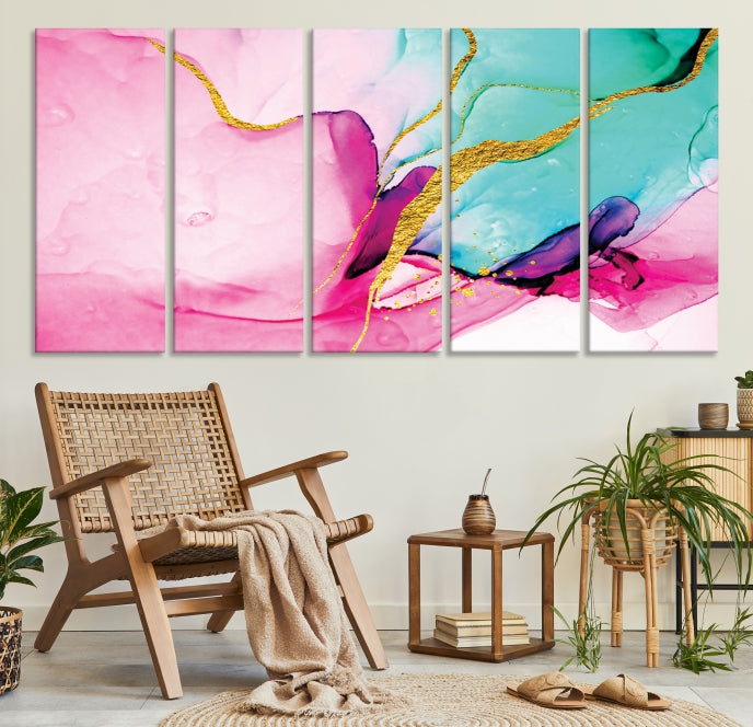 Pink Teal Gold Marble Abstract Canvas Wall Art Giclee Print Modern Wall Decor