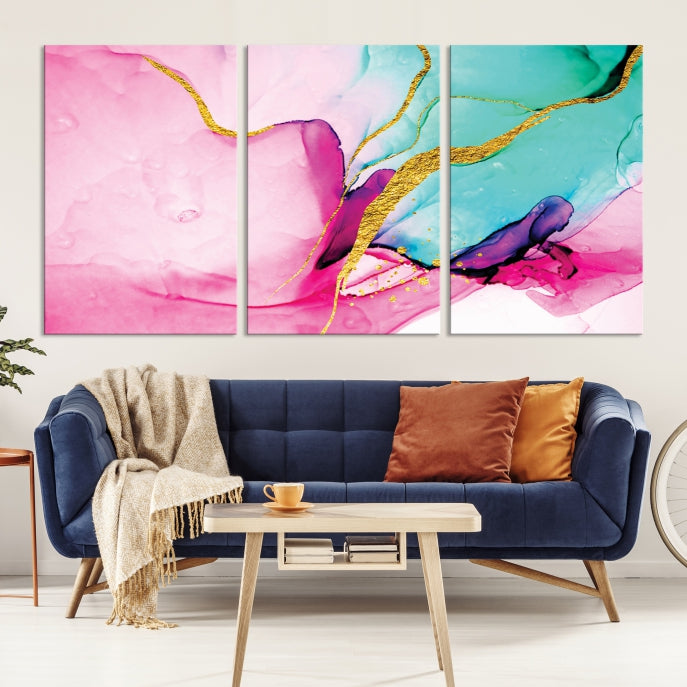 Pink Teal Gold Marble Abstract Extra Large Canvas Wall Art Giclee Print