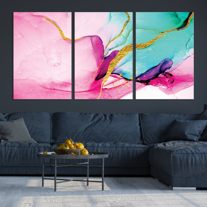 Pink Teal Gold Marble Abstract Extra Large Canvas Wall Art Giclee Print