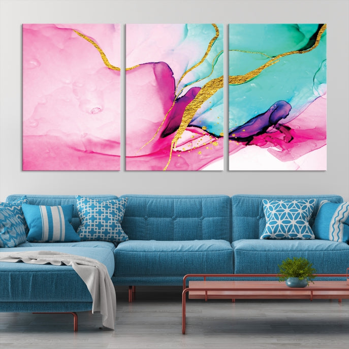 Pink Teal Gold Marble Abstract Extra Large Canvas Wall Art Giclee Print