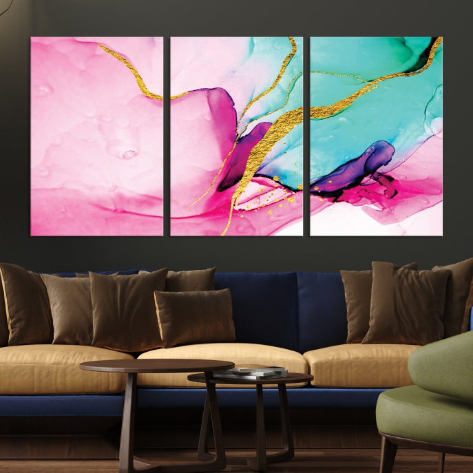 Pink Teal Gold Marble Abstract Extra Large Canvas Wall Art Giclee Print