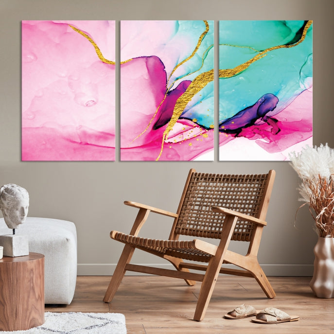 Pink Teal Gold Marble Abstract Extra Large Canvas Wall Art Giclee Print