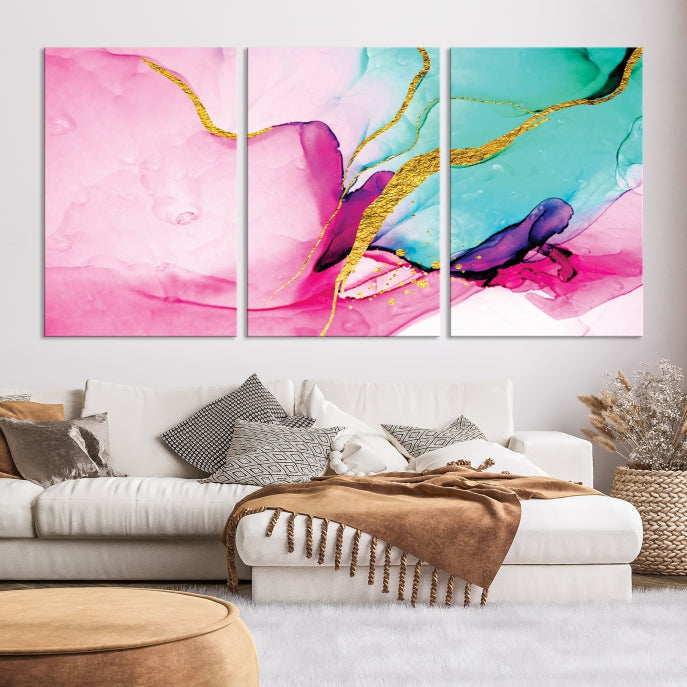 Pink Teal Gold Marble Abstract Extra Large Canvas Wall Art Giclee Print