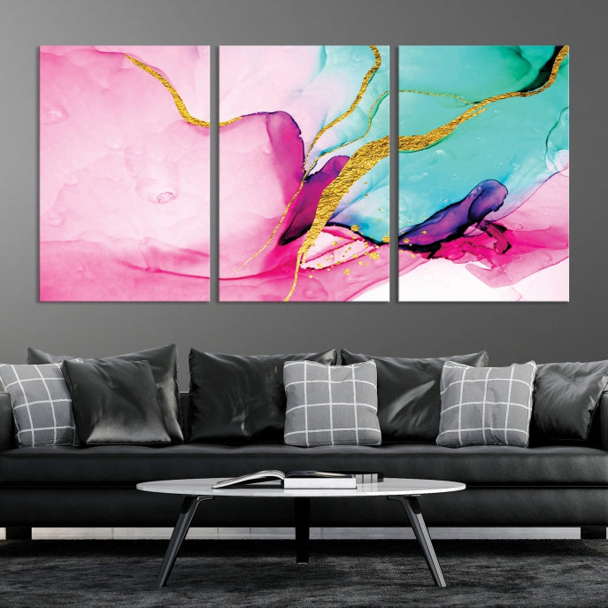 Pink Teal Gold Marble Abstract Extra Large Canvas Wall Art Giclee Print