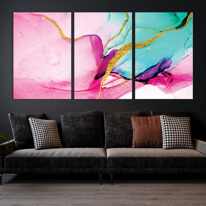 Pink Teal Gold Marble Abstract Extra Large Canvas Wall Art Giclee Print