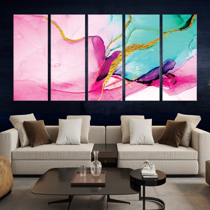 Pink Teal Gold Marble Abstract Extra Large Canvas Wall Art Giclee Print