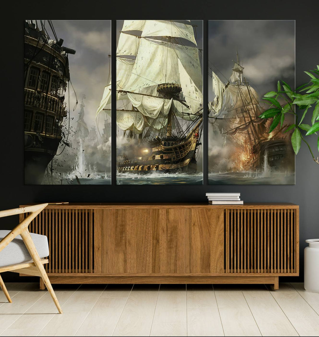 Pirate Ship Battle Canvas Wall Art Print - Pirates of the Caribbean Sailing Ship Nautical Print for Living Room, Large Pirate Ship Wall Art Decor