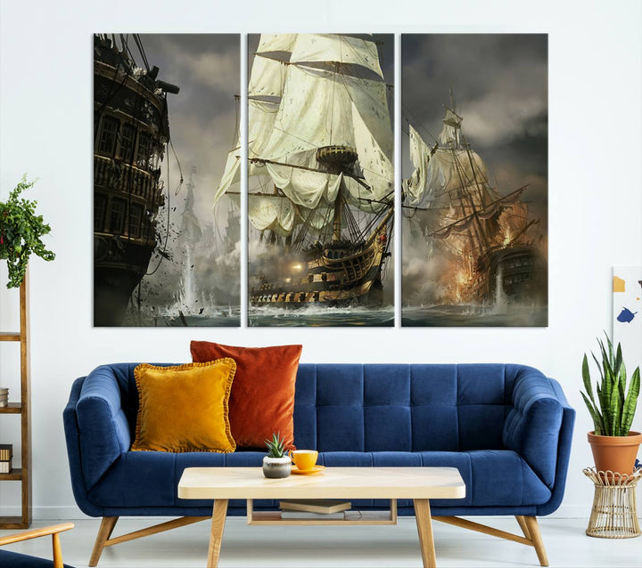 Pirate Ship Battle Canvas Wall Art Print - Pirates of the Caribbean Sailing Ship Nautical Print for Living Room, Large Pirate Ship Wall Art Decor