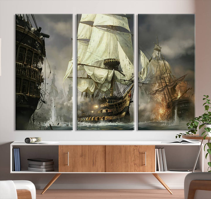 Pirate Ship Battle Canvas Wall Art Print - Pirates of the Caribbean Sailing Ship Nautical Print for Living Room, Large Pirate Ship Wall Art Decor