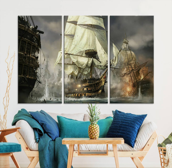 Pirate Ship Battle Canvas Wall Art Print - Pirates of the Caribbean Sailing Ship Nautical Print for Living Room, Large Pirate Ship Wall Art Decor