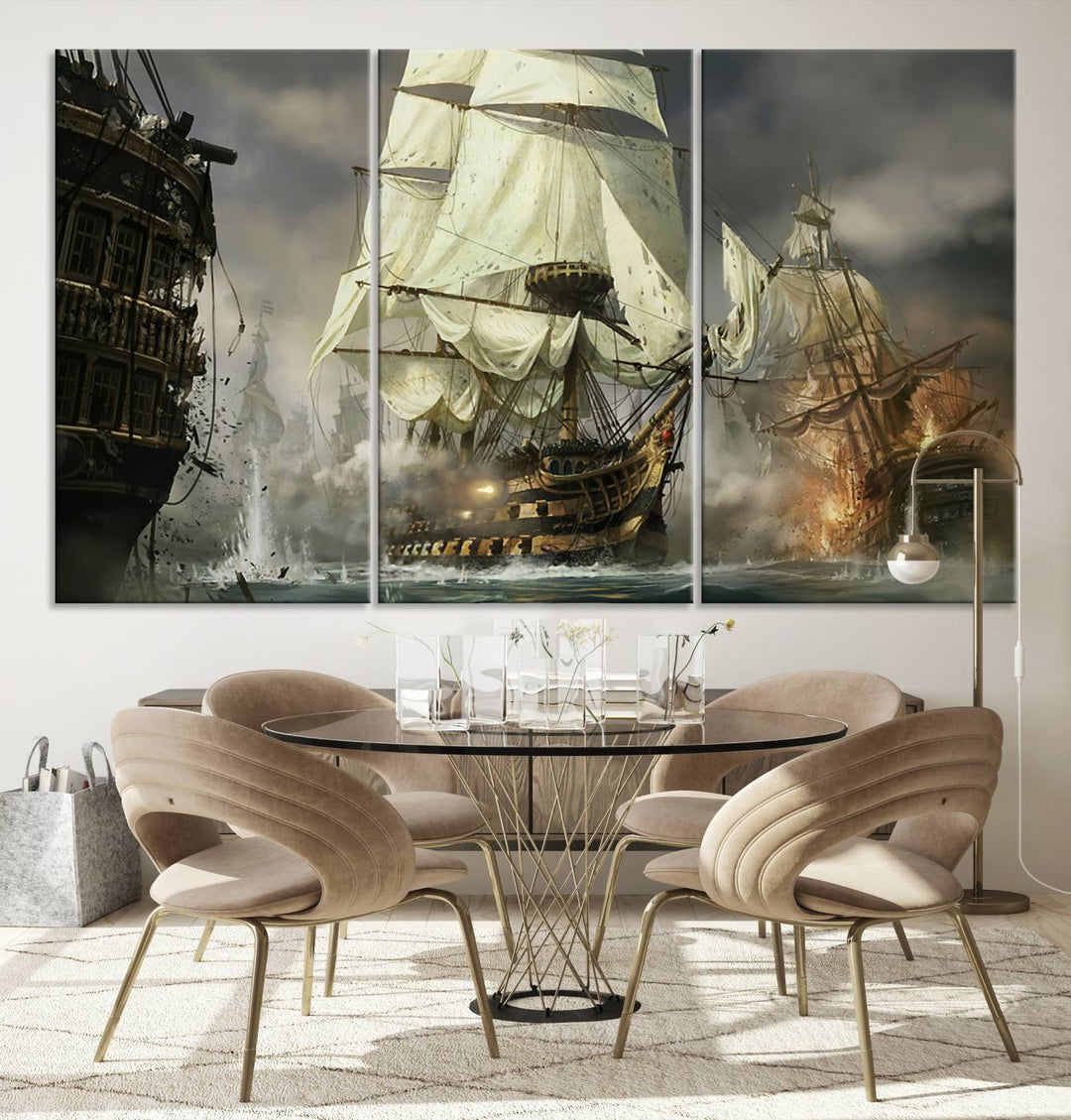 Pirate Ship Battle Canvas Wall Art Print - Pirates of the Caribbean Sailing Ship Nautical Print for Living Room, Large Pirate Ship Wall Art Decor