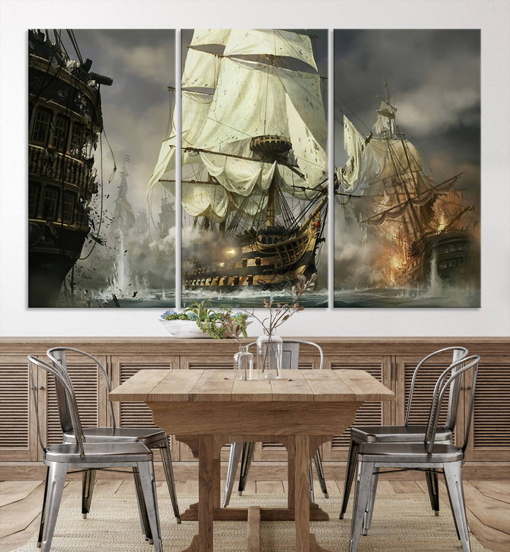 Pirate Ship Battle Canvas Wall Art Print - Pirates of the Caribbean Sailing Ship Nautical Print for Living Room, Large Pirate Ship Wall Art Decor