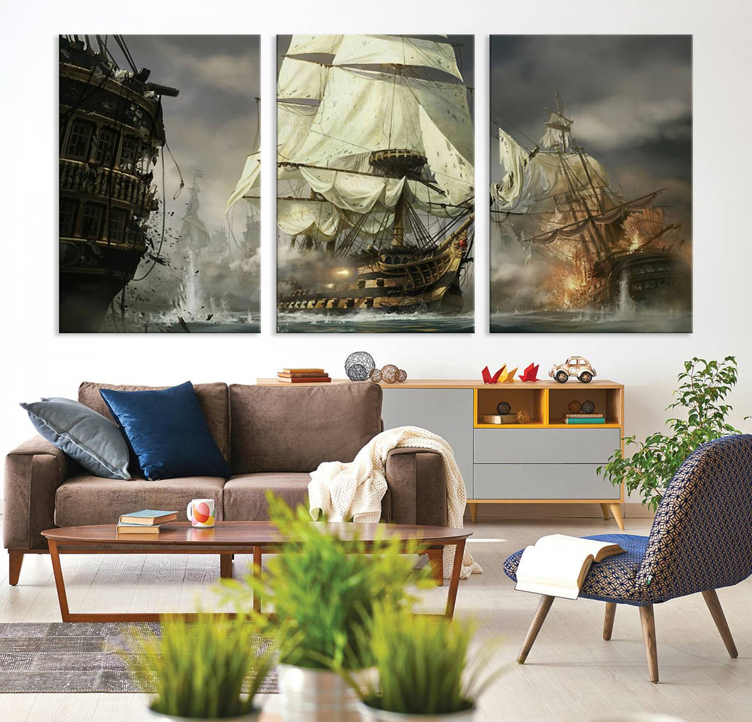 Pirate Ship Battle Canvas Wall Art Print - Pirates of the Caribbean Sailing Ship Nautical Print for Living Room, Large Pirate Ship Wall Art Decor