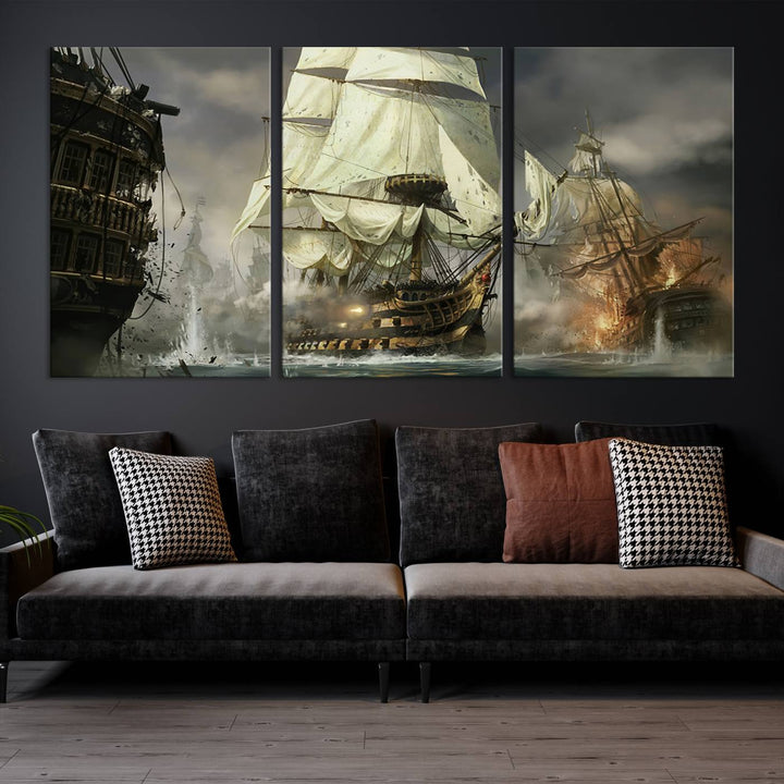 Pirate Ship Battle Canvas Wall Art Print - Pirates of the Caribbean Sailing Ship Nautical Print for Living Room, Large Pirate Ship Wall Art Decor