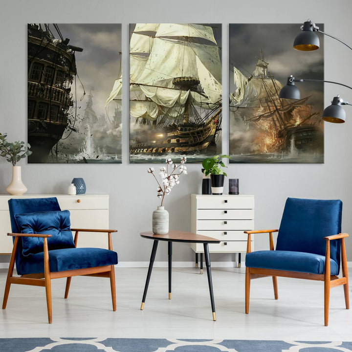 Pirate Ship Battle Canvas Wall Art Print - Pirates of the Caribbean Sailing Ship Nautical Print for Living Room, Large Pirate Ship Wall Art Decor