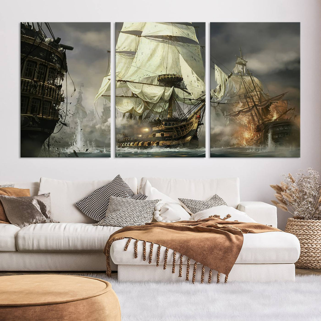 Pirate Ship Battle Canvas Wall Art Print - Pirates of the Caribbean Sailing Ship Nautical Print for Living Room, Large Pirate Ship Wall Art Decor