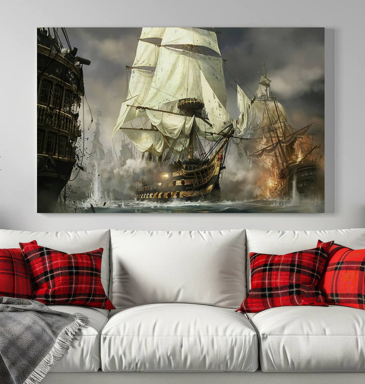 Pirate Ship Battle Canvas Wall Art Print - Pirates of the Caribbean Sailing Ship Nautical Print for Living Room, Large Pirate Ship Wall Art Decor