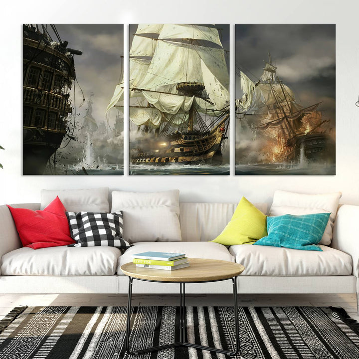 Pirate Ship Battle Canvas Wall Art Print - Pirates of the Caribbean Sailing Ship Nautical Print for Living Room, Large Pirate Ship Wall Art Decor