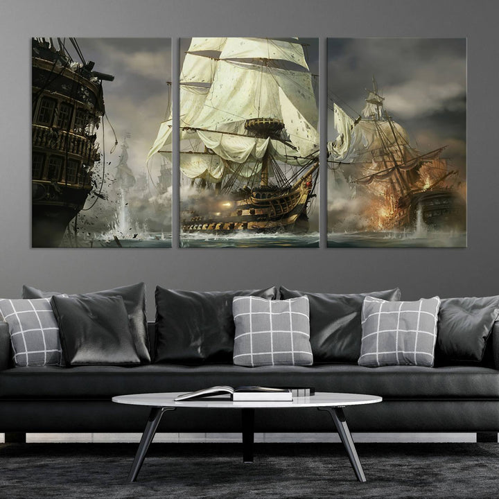 Pirate Ship Battle Canvas Wall Art Print - Pirates of the Caribbean Sailing Ship Nautical Print for Living Room, Large Pirate Ship Wall Art Decor