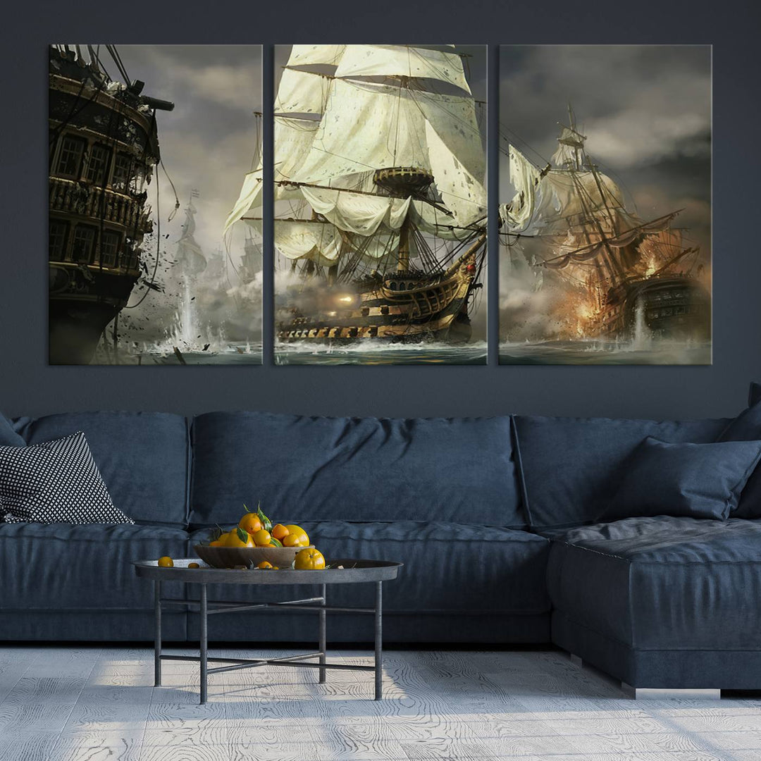 Pirate Ship Battle Canvas Wall Art Print - Pirates of the Caribbean Sailing Ship Nautical Print for Living Room, Large Pirate Ship Wall Art Decor