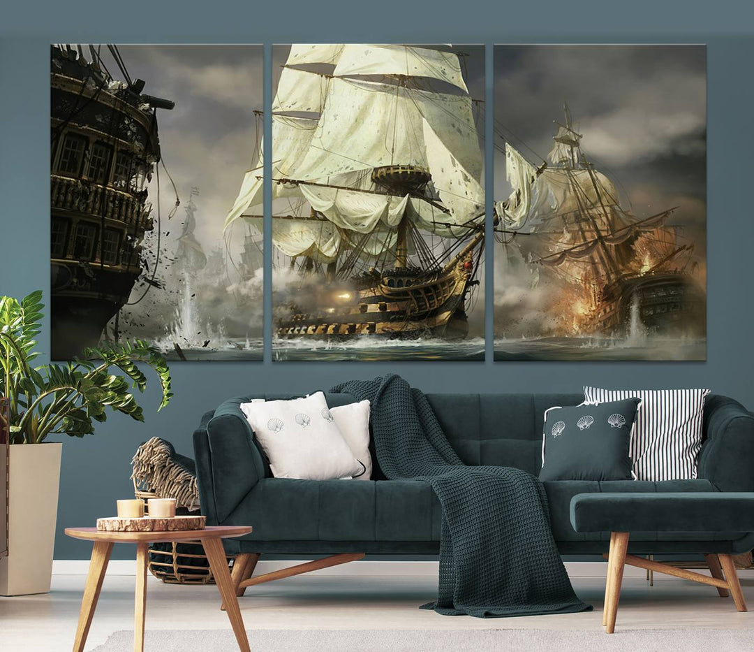 Pirate Ship Battle Canvas Wall Art Print - Pirates of the Caribbean Sailing Ship Nautical Print for Living Room, Large Pirate Ship Wall Art Decor