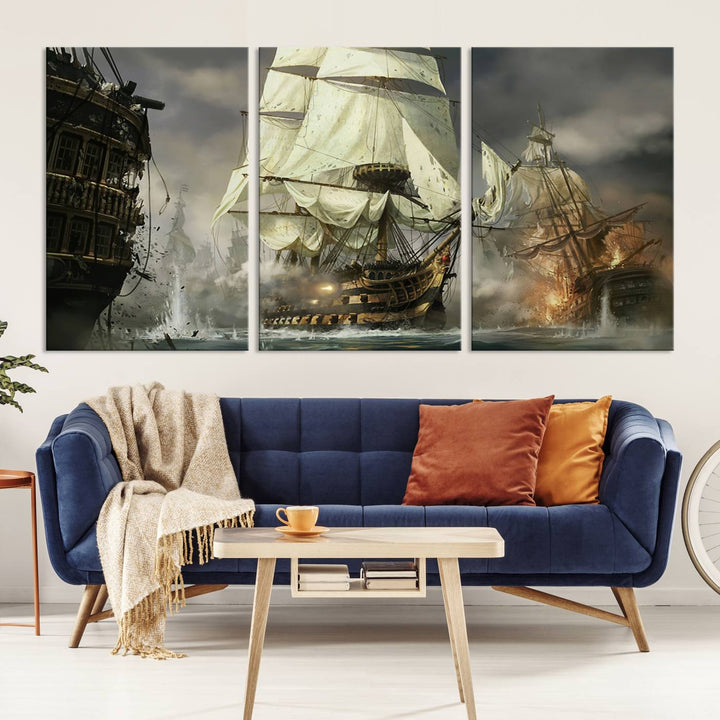 Pirate Ship Battle Canvas Wall Art Print - Pirates of the Caribbean Sailing Ship Nautical Print for Living Room, Large Pirate Ship Wall Art Decor