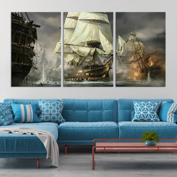 Pirate Ship Battle Canvas Wall Art Print - Pirates of the Caribbean Sailing Ship Nautical Print for Living Room, Large Pirate Ship Wall Art Decor