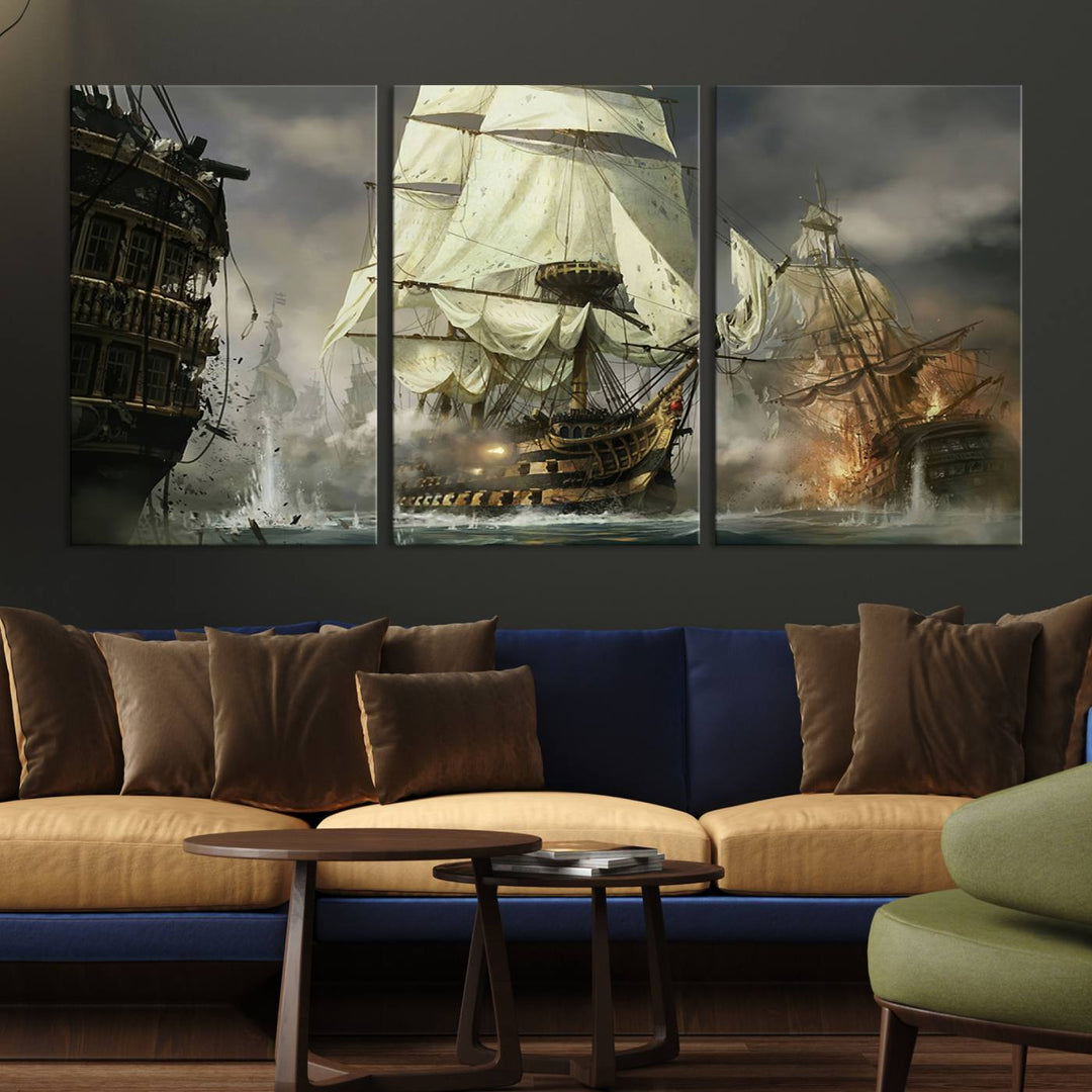 Pirate Ship Battle Canvas Wall Art Print - Pirates of the Caribbean Sailing Ship Nautical Print for Living Room, Large Pirate Ship Wall Art Decor