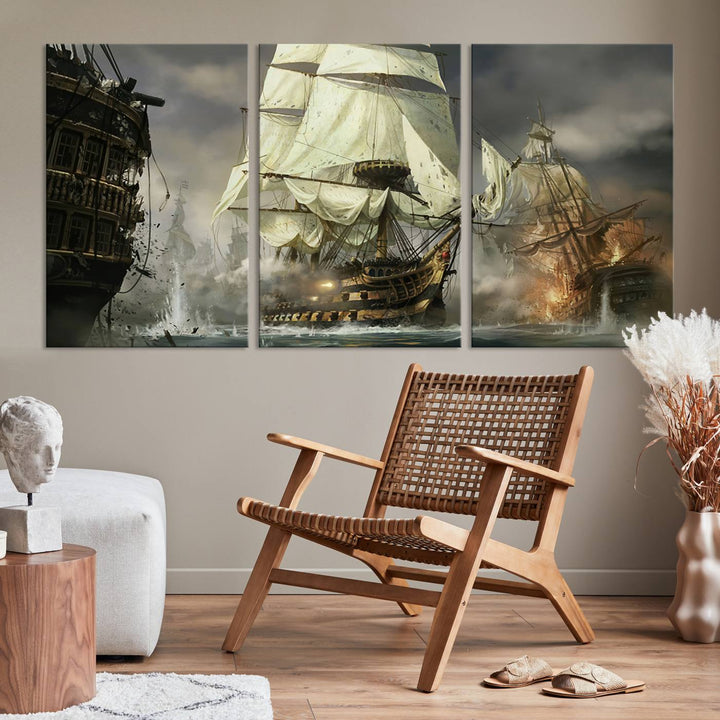 Pirate Ship Battle Canvas Wall Art Print - Pirates of the Caribbean Sailing Ship Nautical Print for Living Room, Large Pirate Ship Wall Art Decor