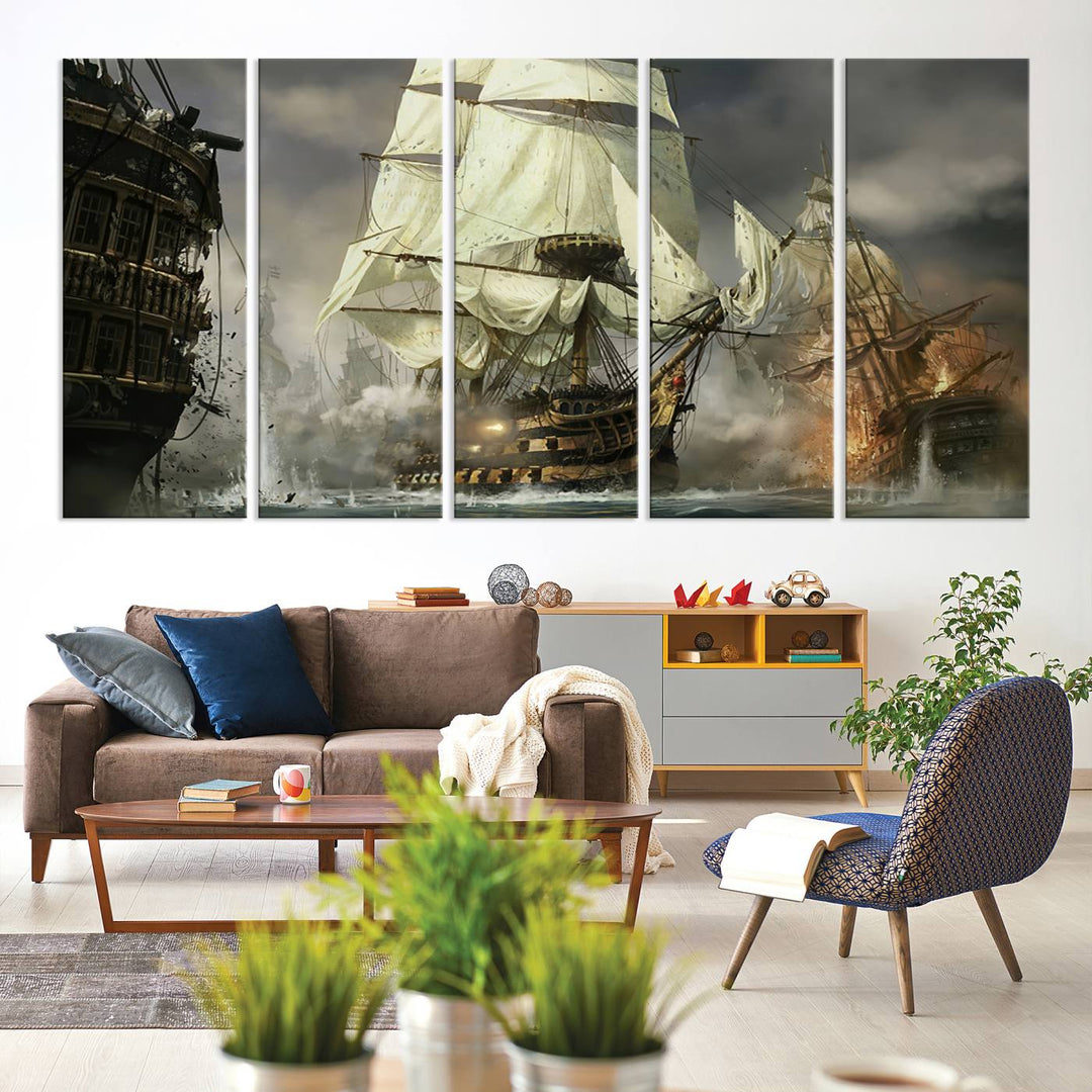 Pirate Ship Battle Canvas Wall Art Print - Pirates of the Caribbean Sailing Ship Nautical Print for Living Room, Large Pirate Ship Wall Art Decor