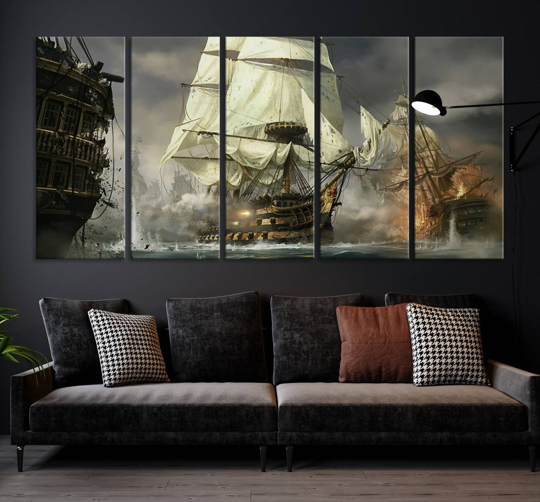 Pirate Ship Battle Canvas Wall Art Print - Pirates of the Caribbean Sailing Ship Nautical Print for Living Room, Large Pirate Ship Wall Art Decor