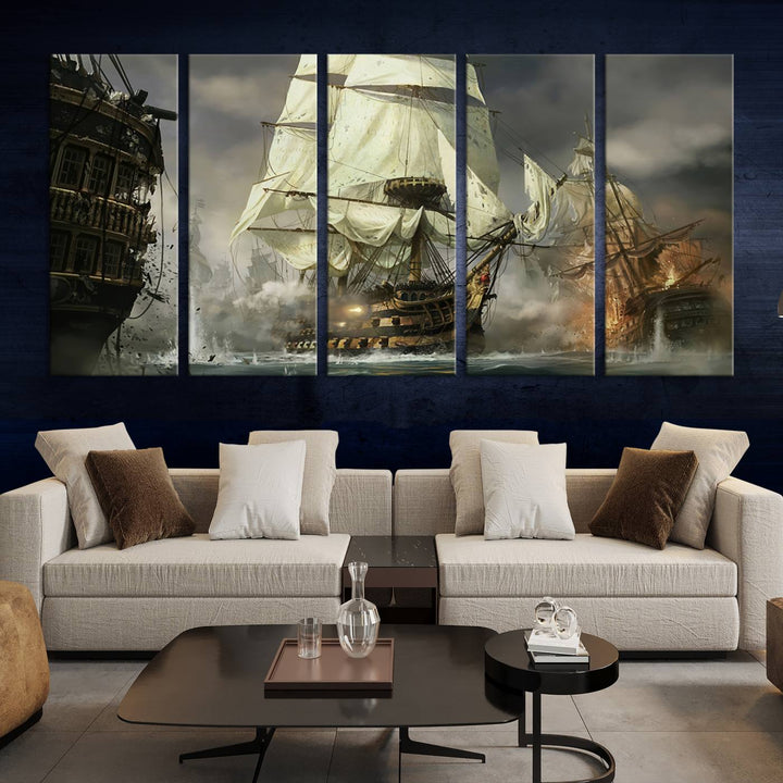 Pirate Ship Battle Canvas Wall Art Print - Pirates of the Caribbean Sailing Ship Nautical Print for Living Room, Large Pirate Ship Wall Art Decor