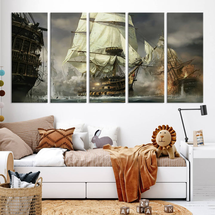 Pirate Ship Battle Canvas Wall Art Print - Pirates of the Caribbean Sailing Ship Nautical Print for Living Room, Large Pirate Ship Wall Art Decor