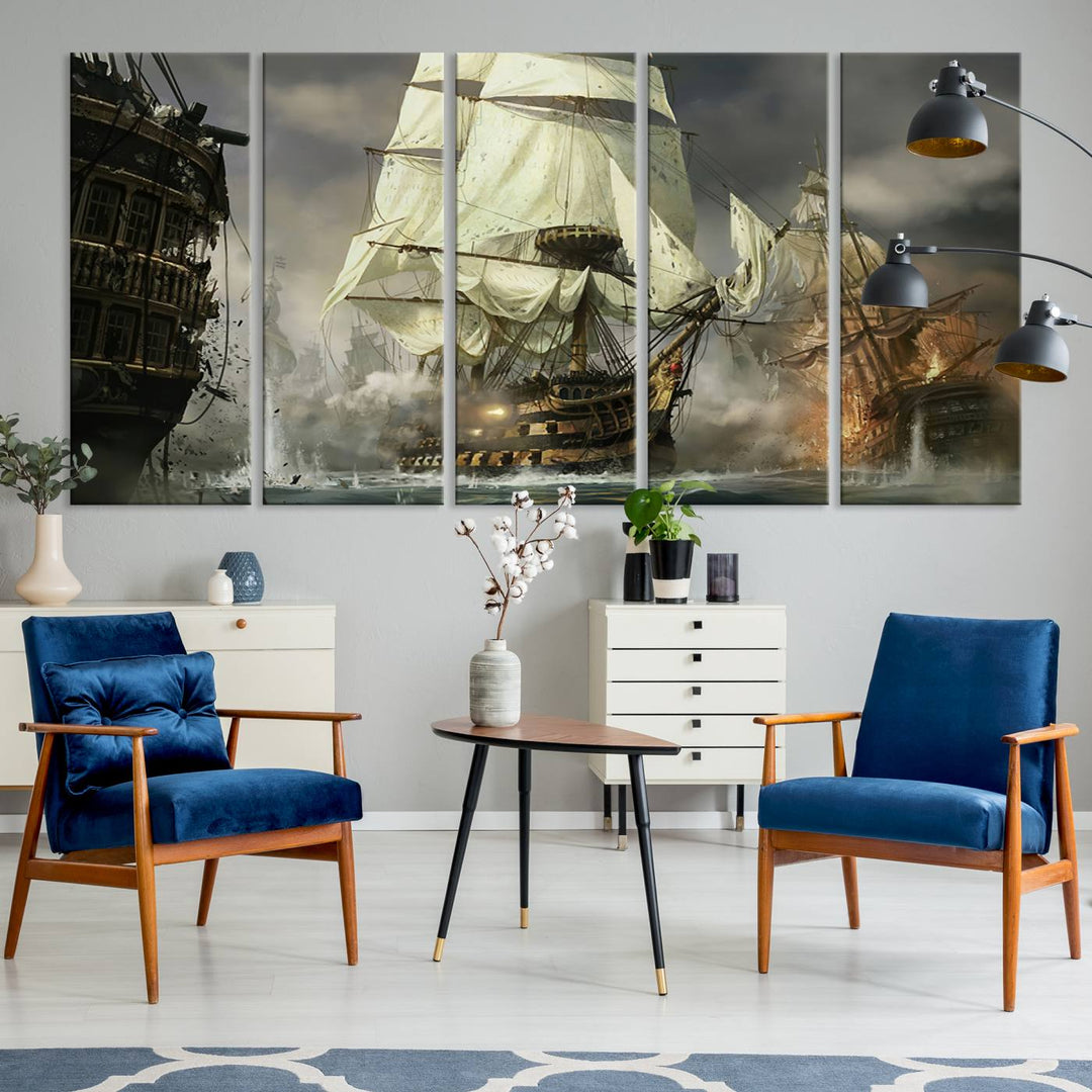 Pirate Ship Battle Canvas Wall Art Print - Pirates of the Caribbean Sailing Ship Nautical Print for Living Room, Large Pirate Ship Wall Art Decor