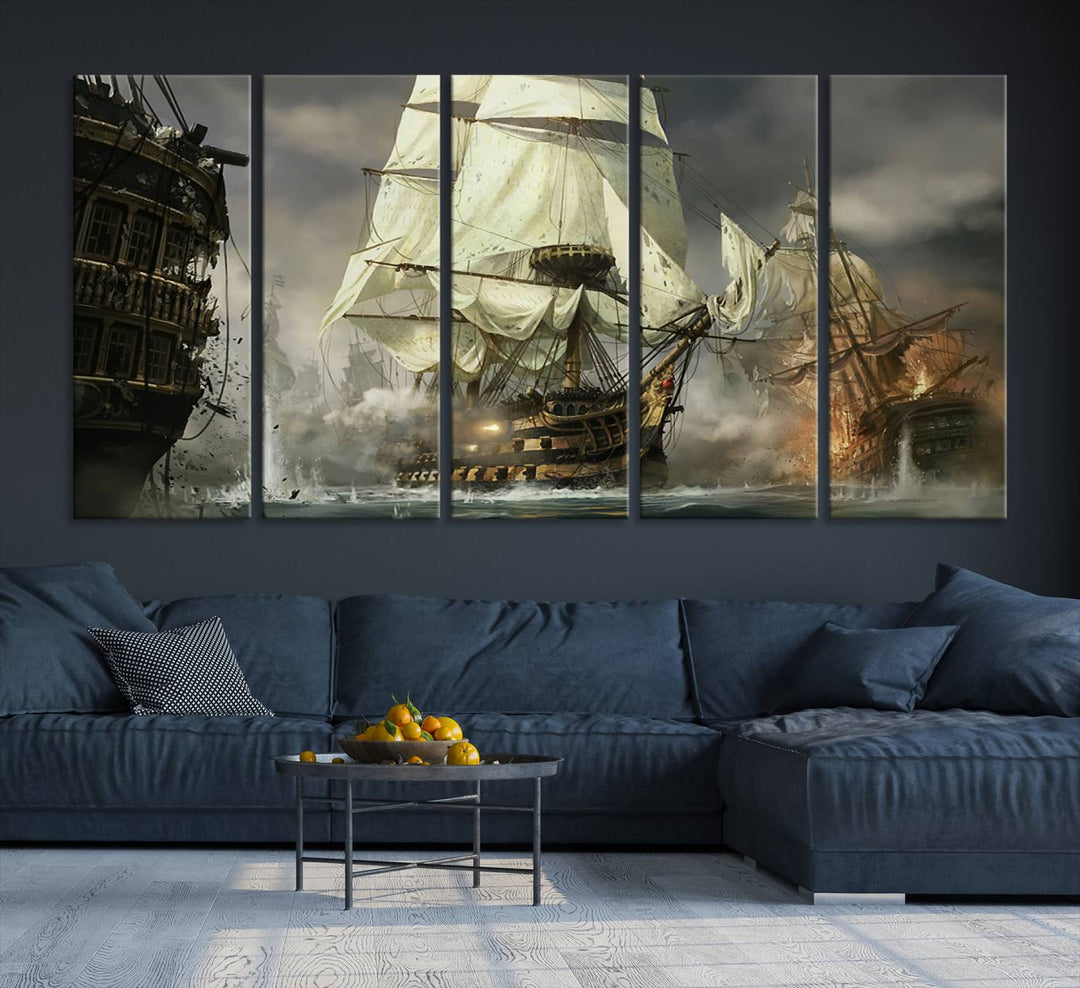 Pirate Ship Battle Canvas Wall Art Print - Pirates of the Caribbean Sailing Ship Nautical Print for Living Room, Large Pirate Ship Wall Art Decor