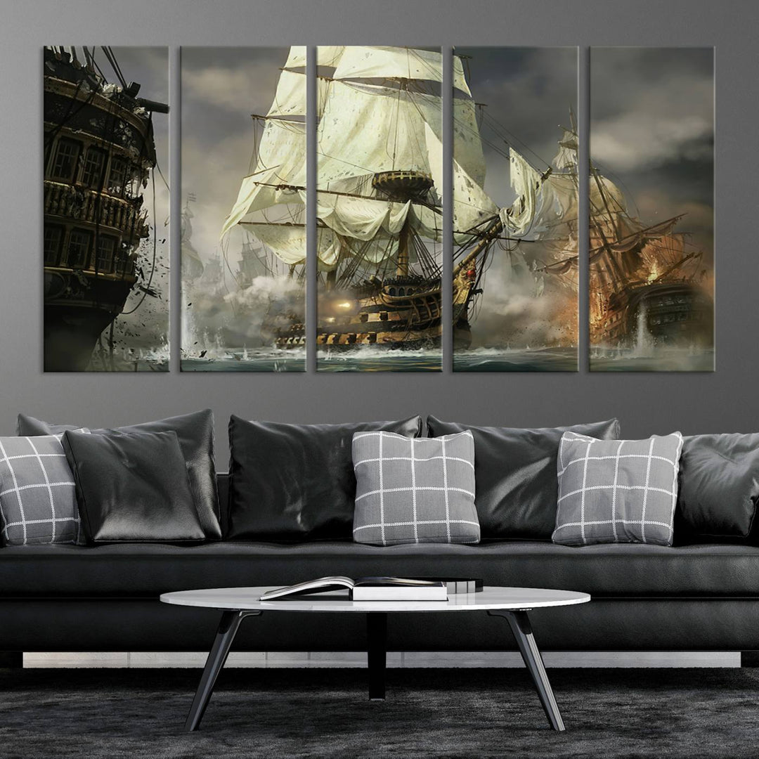 Pirate Ship Battle Canvas Wall Art Print - Pirates of the Caribbean Sailing Ship Nautical Print for Living Room, Large Pirate Ship Wall Art Decor