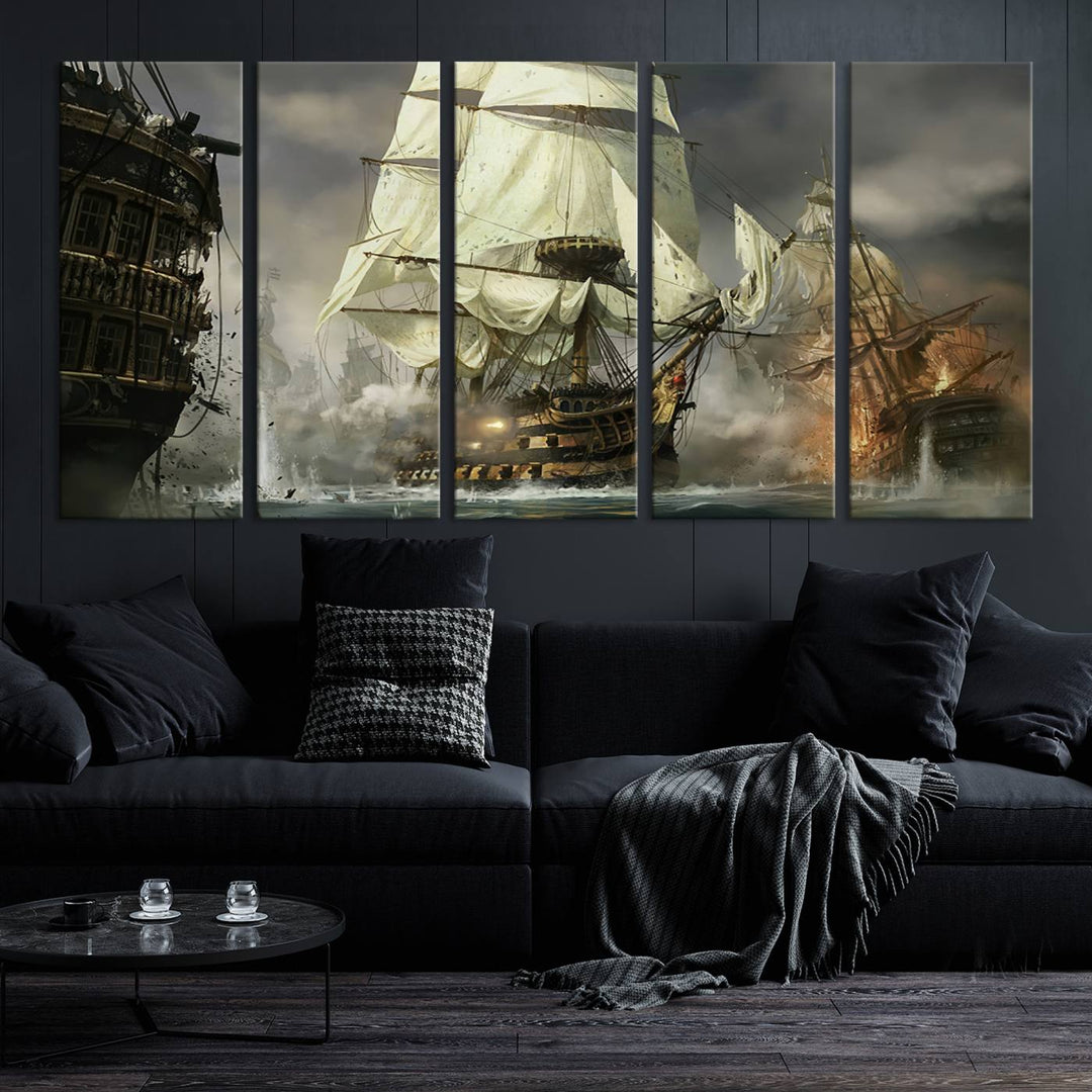 Pirate Ship Battle Canvas Wall Art Print - Pirates of the Caribbean Sailing Ship Nautical Print for Living Room, Large Pirate Ship Wall Art Decor