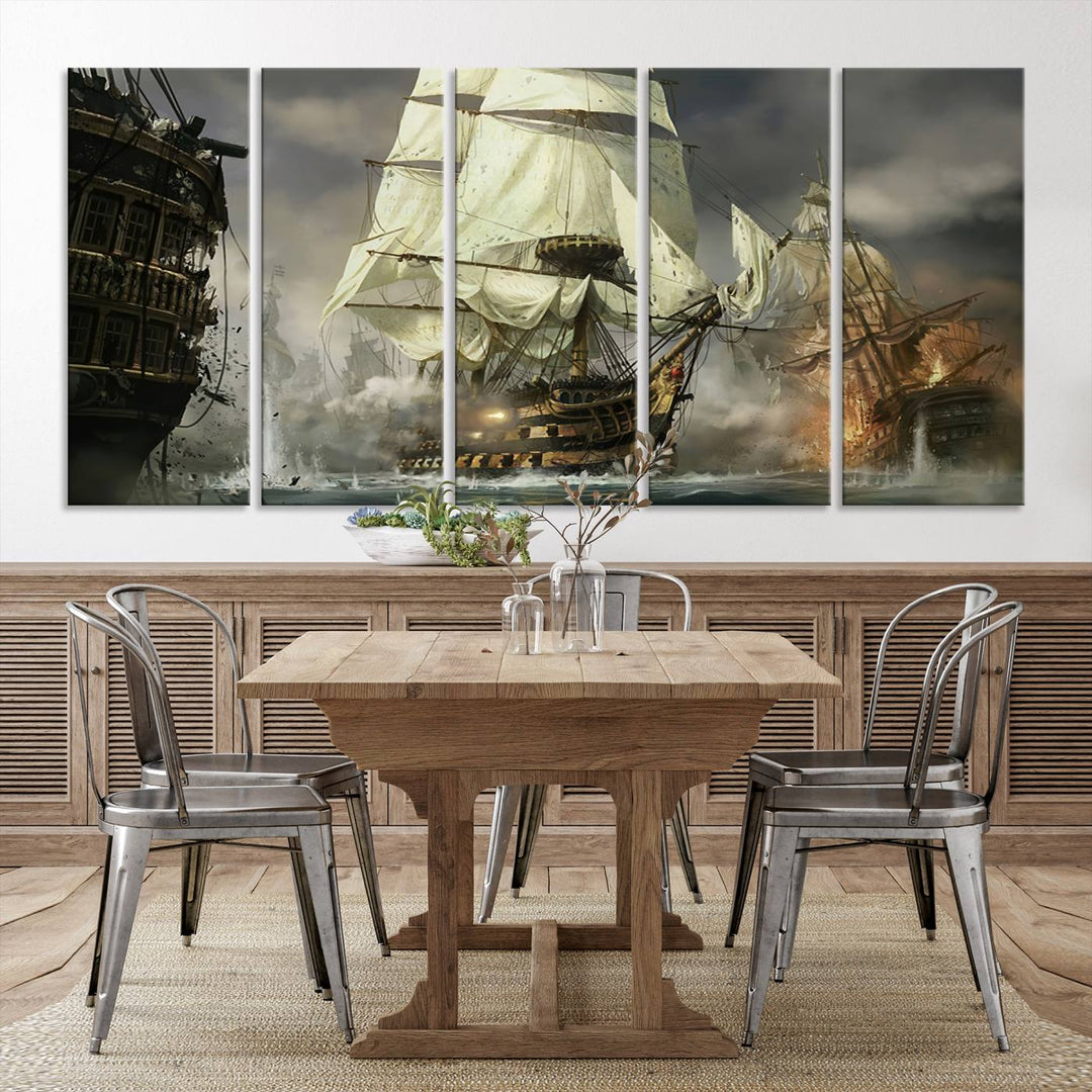 Pirate Ship Battle Canvas Wall Art Print - Pirates of the Caribbean Sailing Ship Nautical Print for Living Room, Large Pirate Ship Wall Art Decor