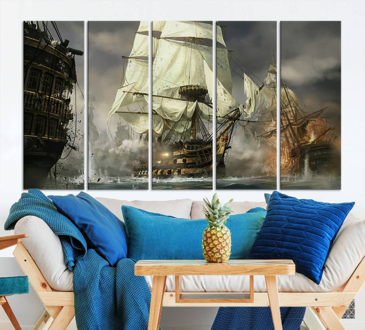 Pirate Ship Battle Canvas Wall Art Print - Pirates of the Caribbean Sailing Ship Nautical Print for Living Room, Large Pirate Ship Wall Art Decor