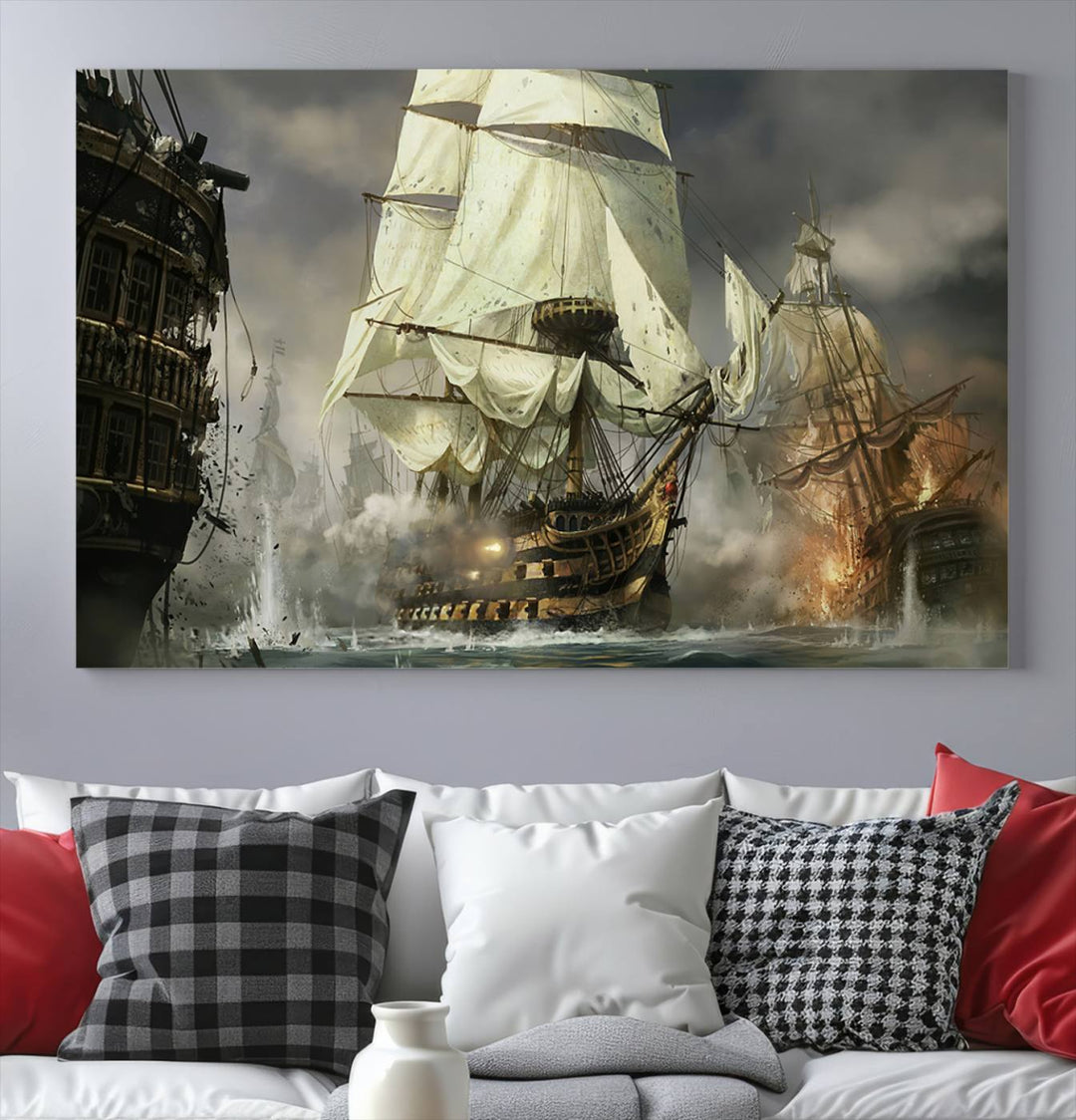 Pirate Ship Battle Canvas Wall Art Print - Pirates of the Caribbean Sailing Ship Nautical Print for Living Room, Large Pirate Ship Wall Art Decor